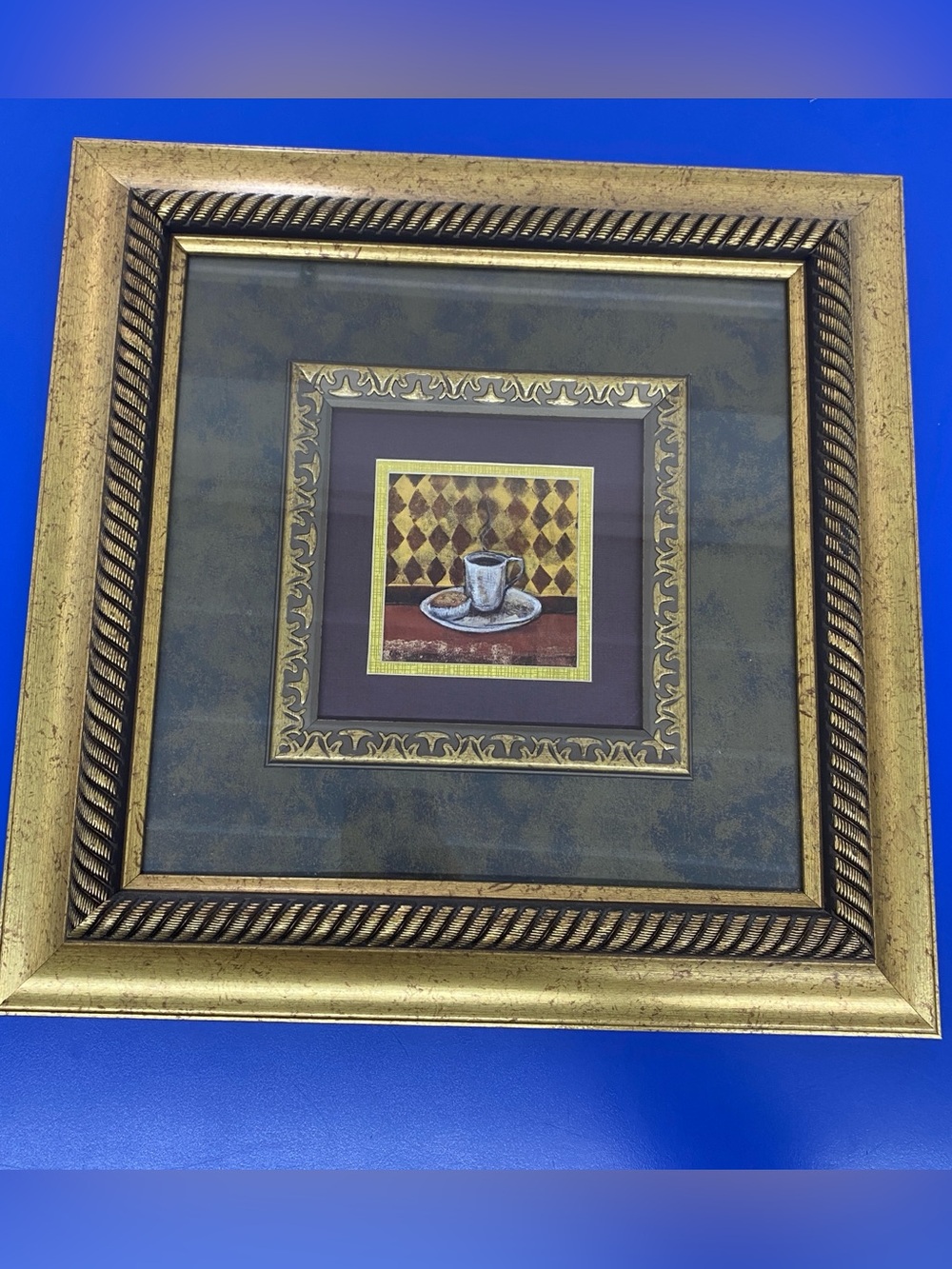 Framed Coffee Cup Wall Art in Gold and Olive